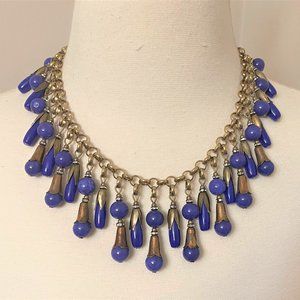 Vintage Antique Brass & Blue Glass & Rhinestone Dangle Necklace